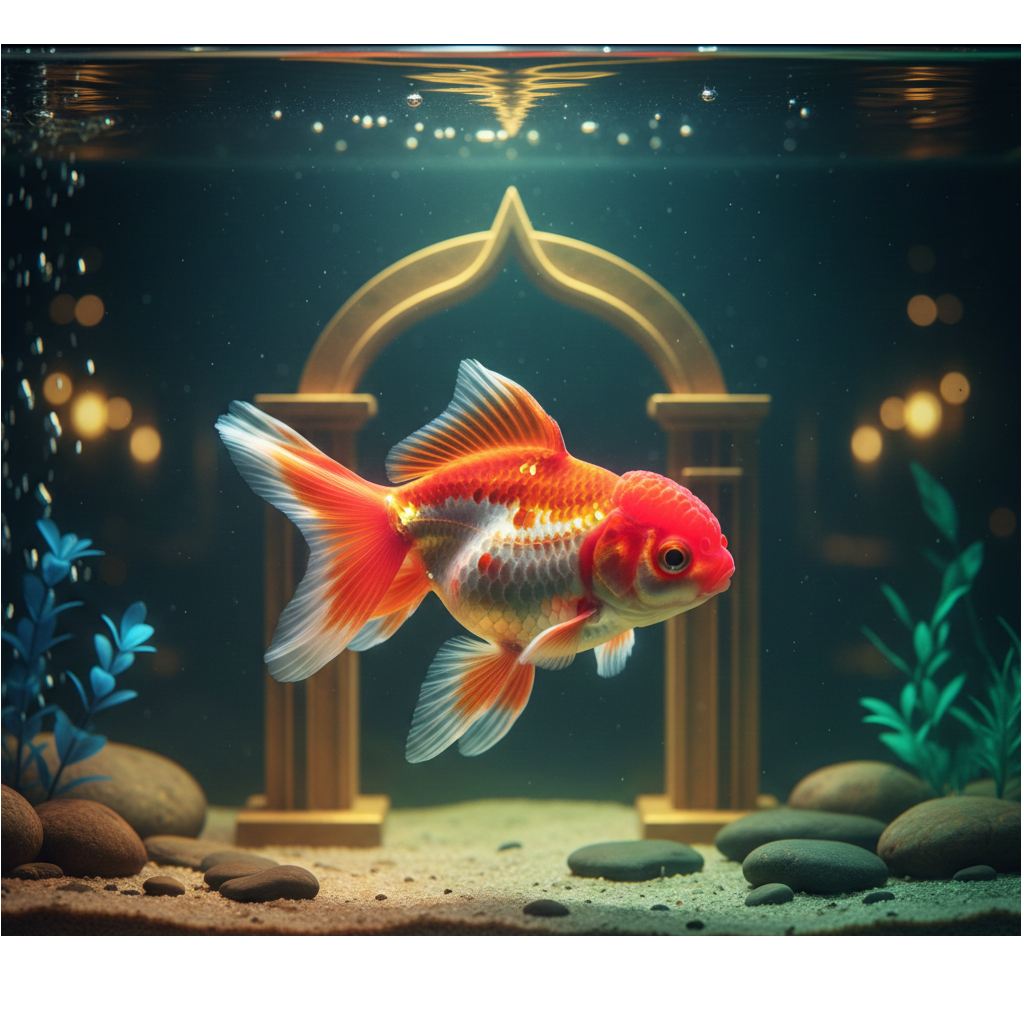 Goldfish naranja y blanco mostrando sus aletas en un acuario